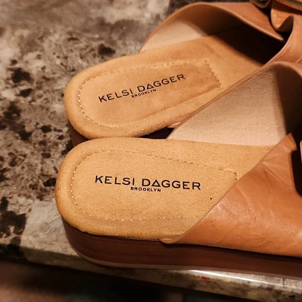 Kelsi Dagger Tan Platform Slides with Gold Buckle